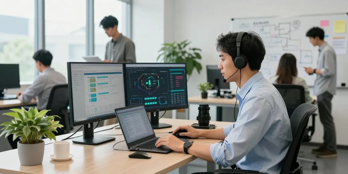 IT business support scenario with technician troubleshooting in a modern office.
