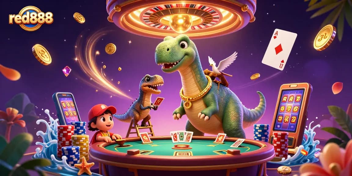 Experience excitement at red888 with a vibrant 3D casino scene featuring engaging characters and dynamic gaming elements.