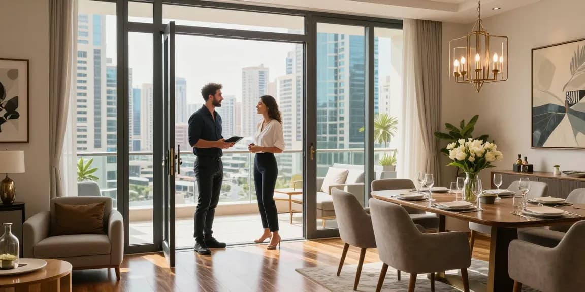 Short-term rental management in Dubai featuring a luxurious apartment welcoming guests with city views, elegant decor, and inviting ambience.