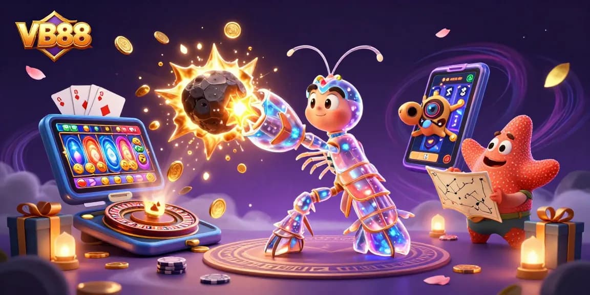Engage with VB88 in vibrant 3D illustration featuring casino games and galactic elements.