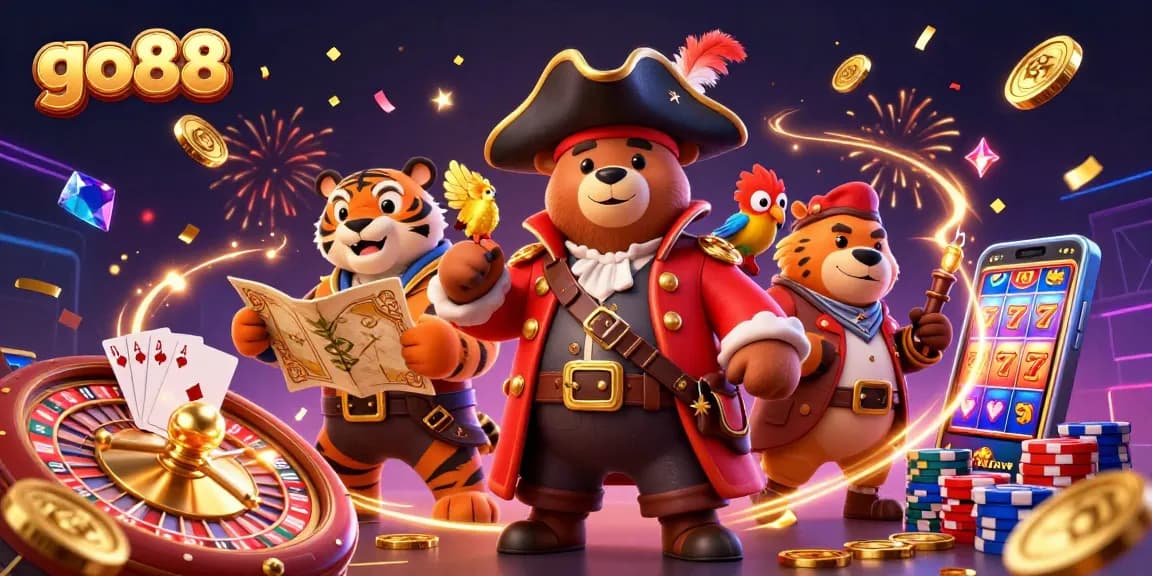 Experience the excitement at go88 with a vibrant 3D illustration showcasing gaming characters and dynamic casino elements.