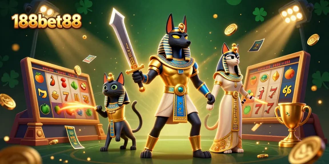 Experience thrilling gaming at 188bet88 with dynamic ancient Egyptian characters in a rich, packed casino scene.