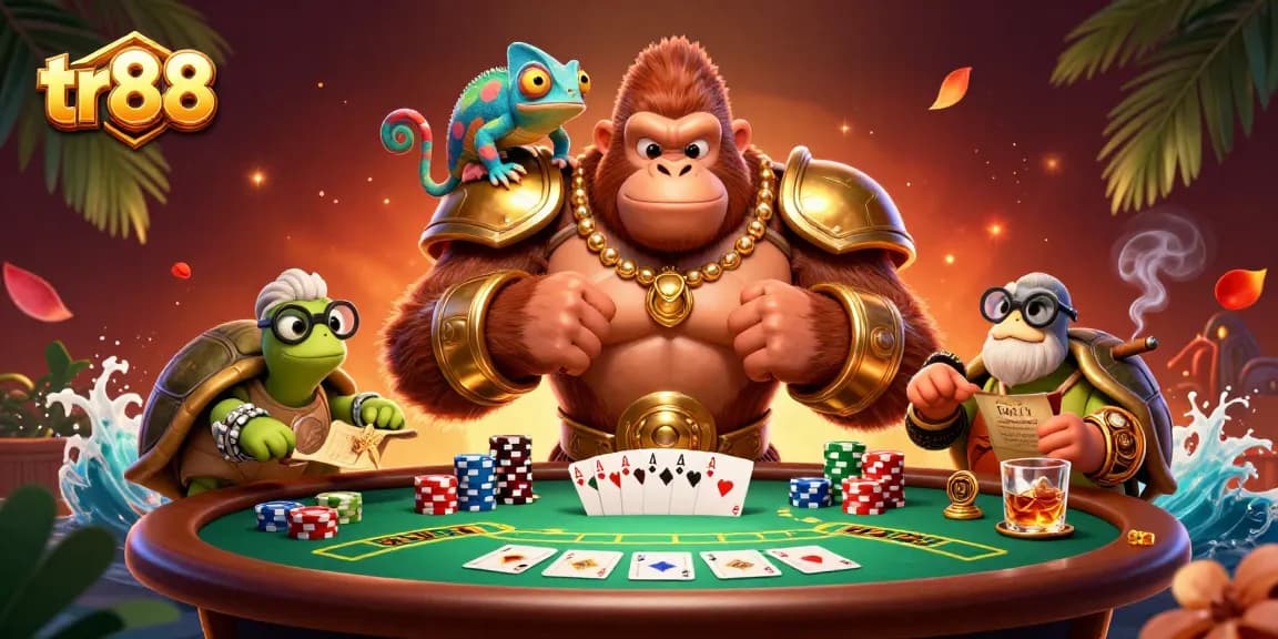 Engage in thrilling poker sessions with tr88, featuring colorful poker chips and a powerful gorilla king.