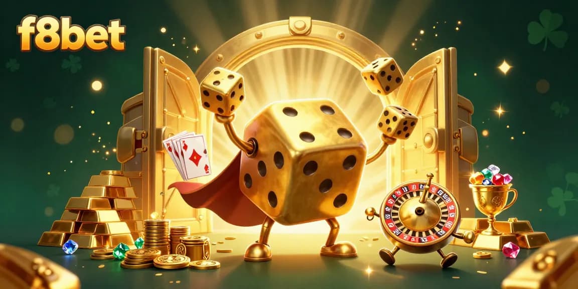 F8bet engages players with dynamic golden dice and captivating casino elements in an exciting gaming scene.
