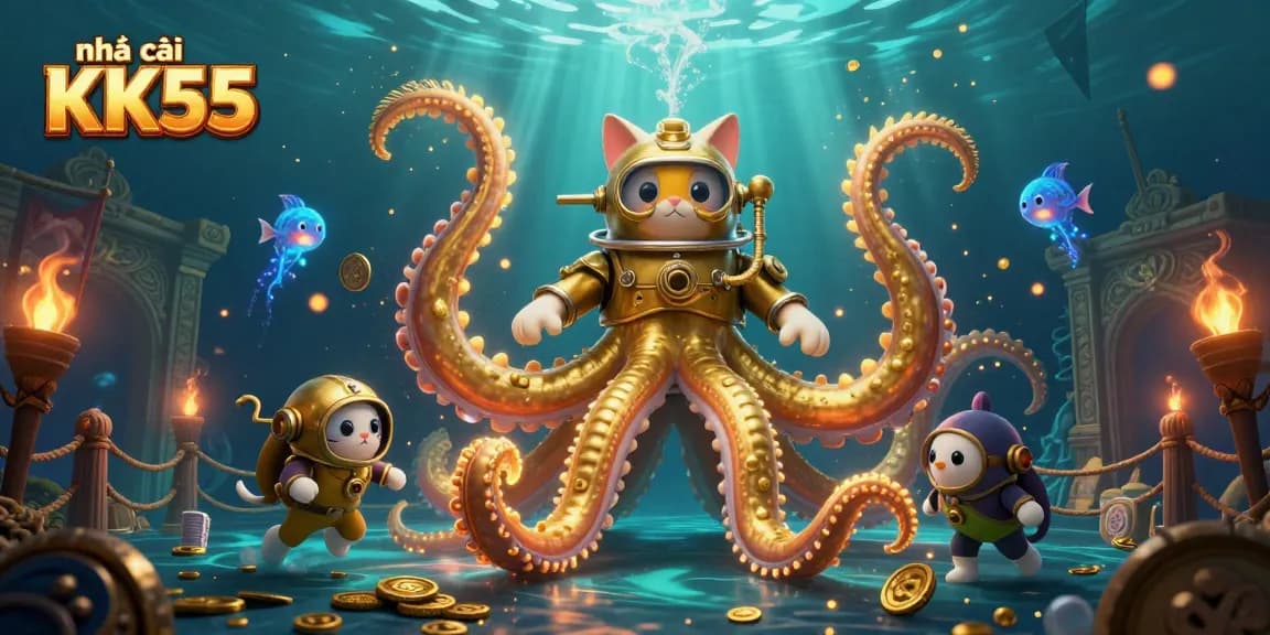 Engage with the thrilling world of nhà cái KK55 featuring a kraken, diving cat, and luminous fish amidst rich gaming elements.