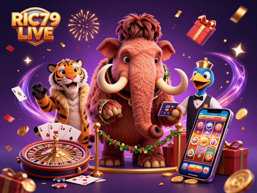 Experience RIC79 LIVE with a vibrant 3D illustration featuring casino characters amidst roulette and slot elements.