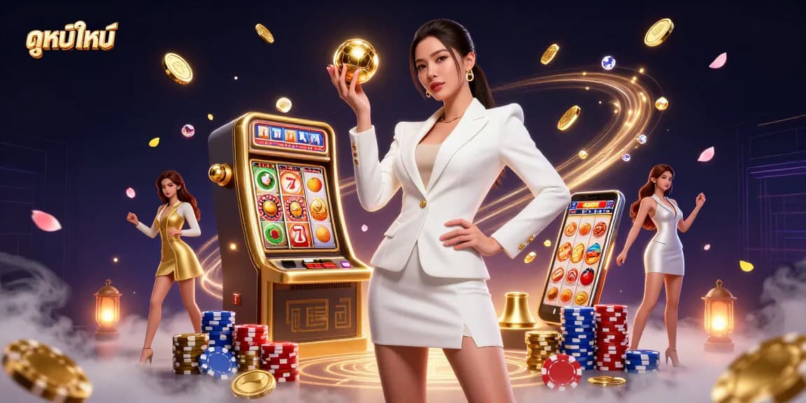 Play ดูหนังใหม่ while winning at the slots with vibrant, detailed casino elements in a stunning digital illustration.
