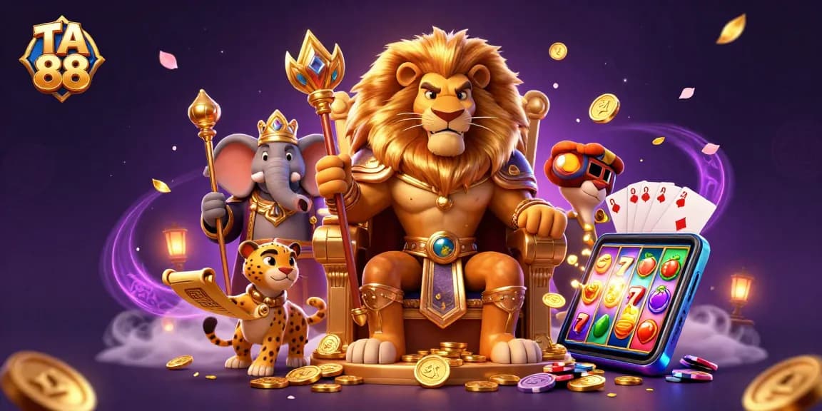Engage with TA 88's vibrant online casino scene featuring a majestic lion king and colorful slot elements.