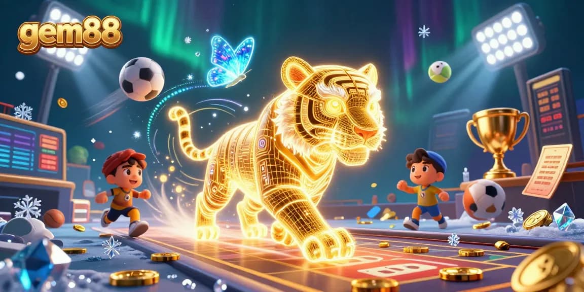 Win big at gem88 with a dynamic 3D casino scene featuring a pixelated golden tiger and sports elements.
