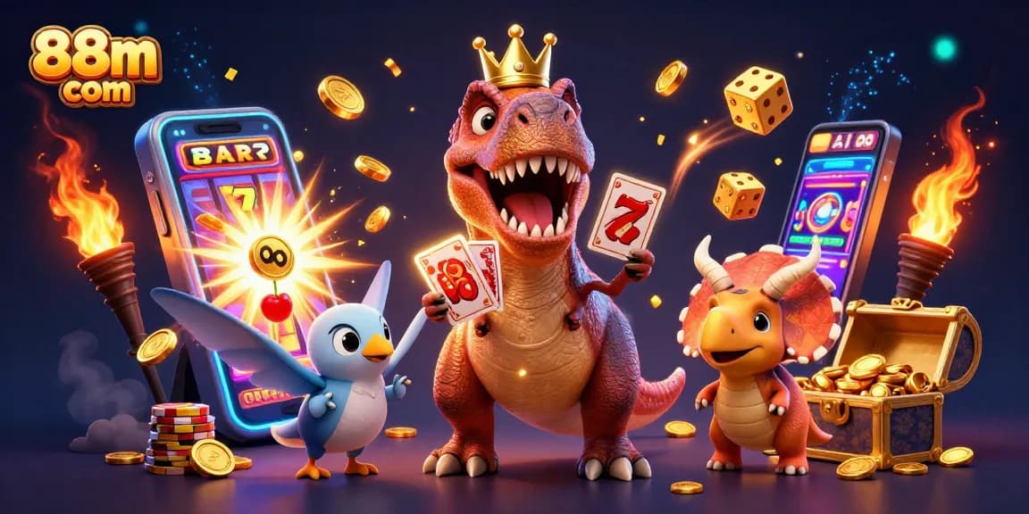 Experience thrilling jackpots and games with 88m com in this vibrant 3D casino scene.