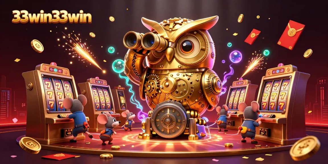 Experience the vibrancy of 33win33win with a dynamic scene featuring players around slot machines.