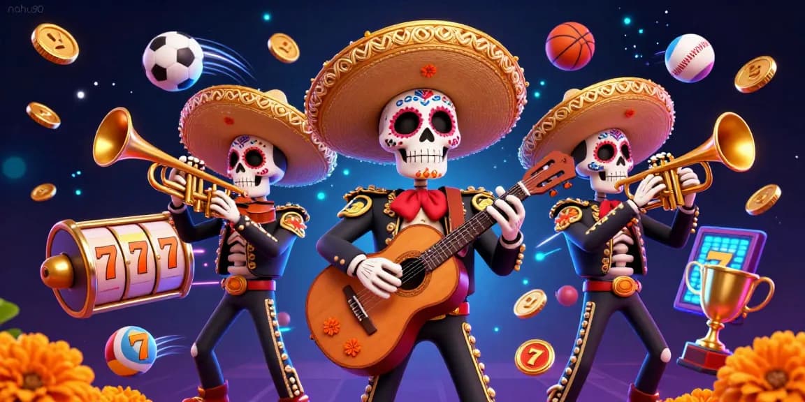 Spin jackpots at nohu90 with vibrant 3D mariachi skeletons and dynamic casino elements.