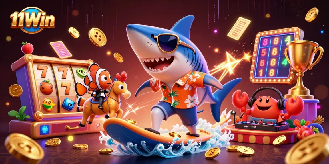 Win big at 11Win as the shark surfs on coins with slot machines and casino elements!