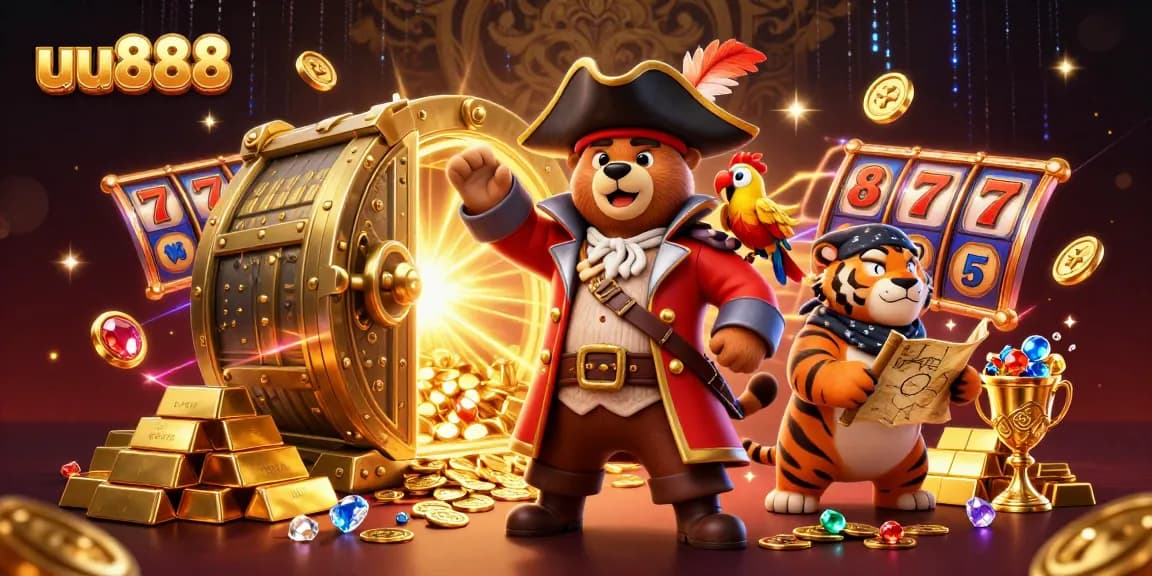 Win big at uu888 with a thrilling game scene featuring a cartoon pirate bear, tiger, and treasure elements.