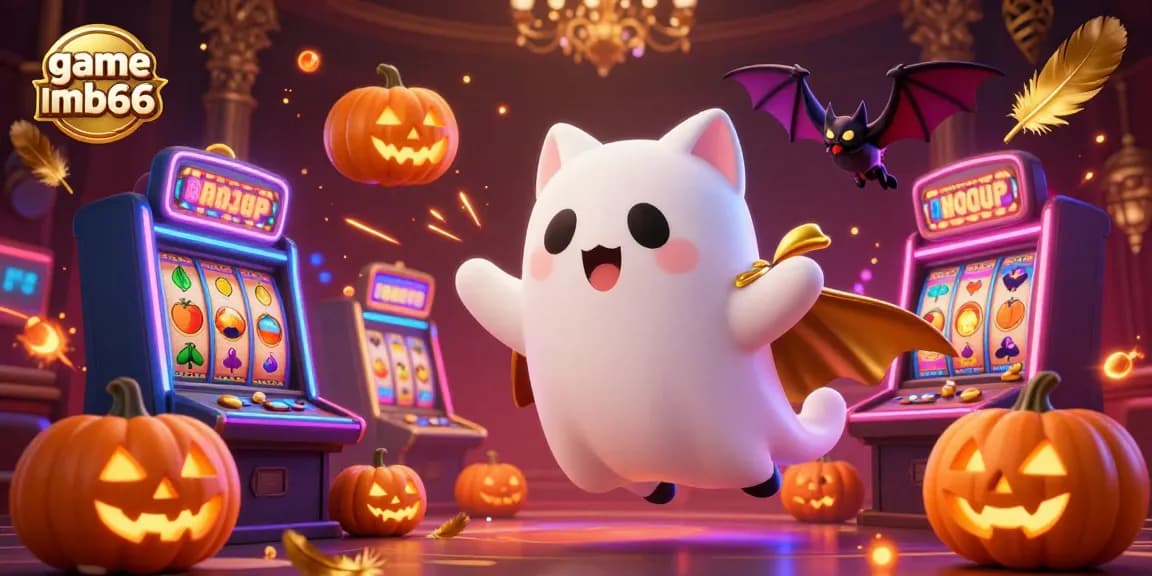 Engage in the exciting game mb66 with a ghost cat and vibrant casino elements in this colorful illustration.