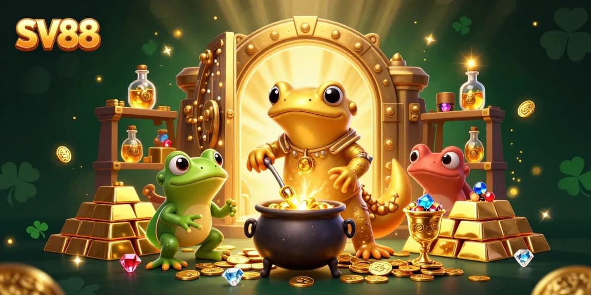 Experience thrilling SV88 gameplay with a festive casino scene full of gold and riches.