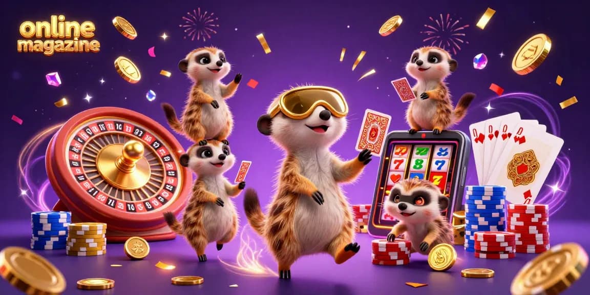 Catch thrilling action in this online magazine illustration featuring lively meerkats in a casino, delivering excitement.
