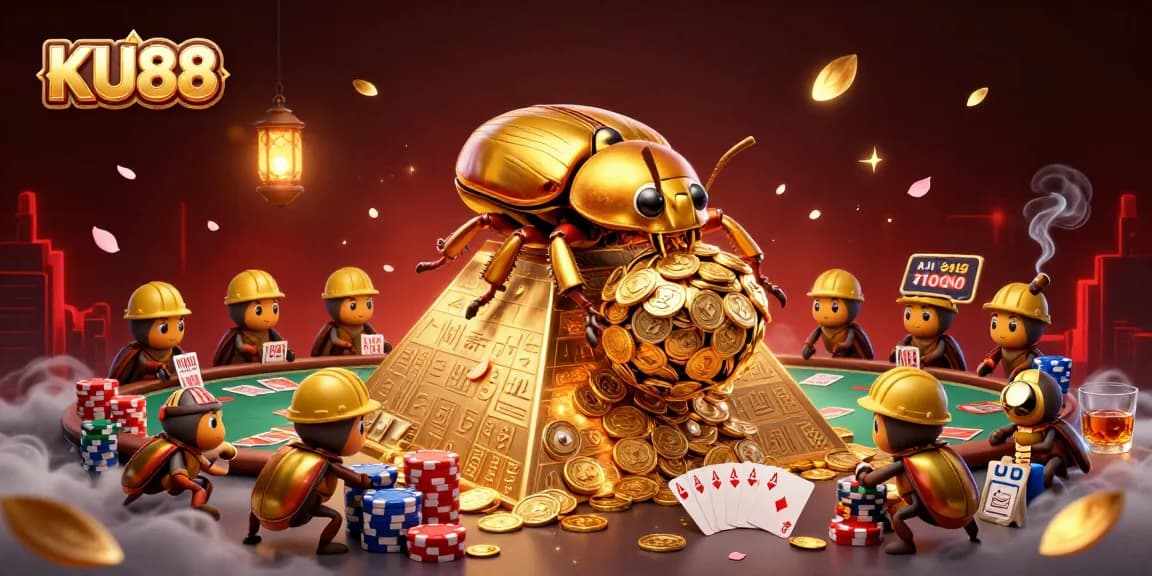 Experience fortune at KU88 while a golden dung beetle rolls coins in a vibrant casino.