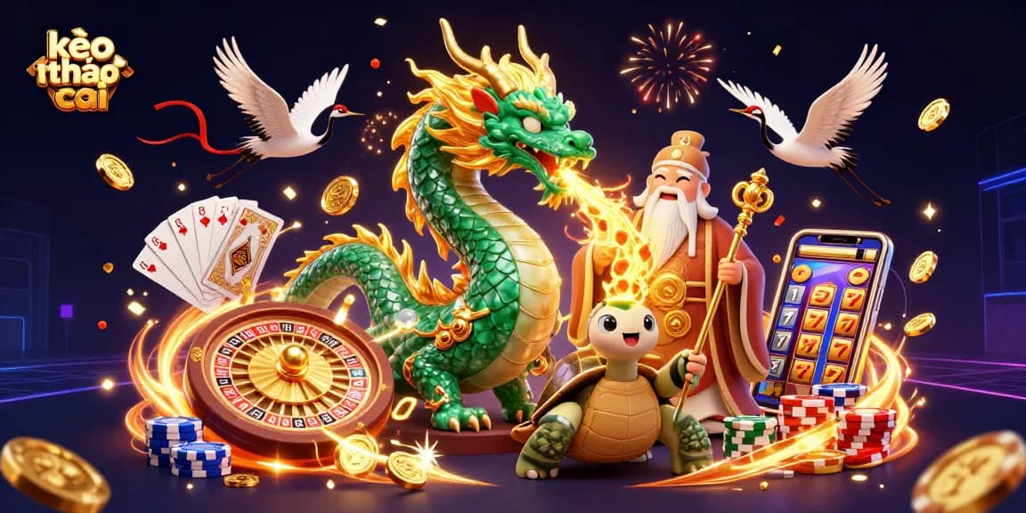 Experience the excitement of kèo nhà cái with dynamic dragons and turtles amidst sparkling casino elements.