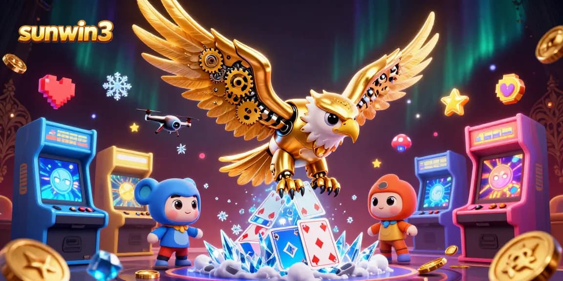 Experience sunwin3's thrilling gaming adventure with a golden eagle diving through holographic cards.
