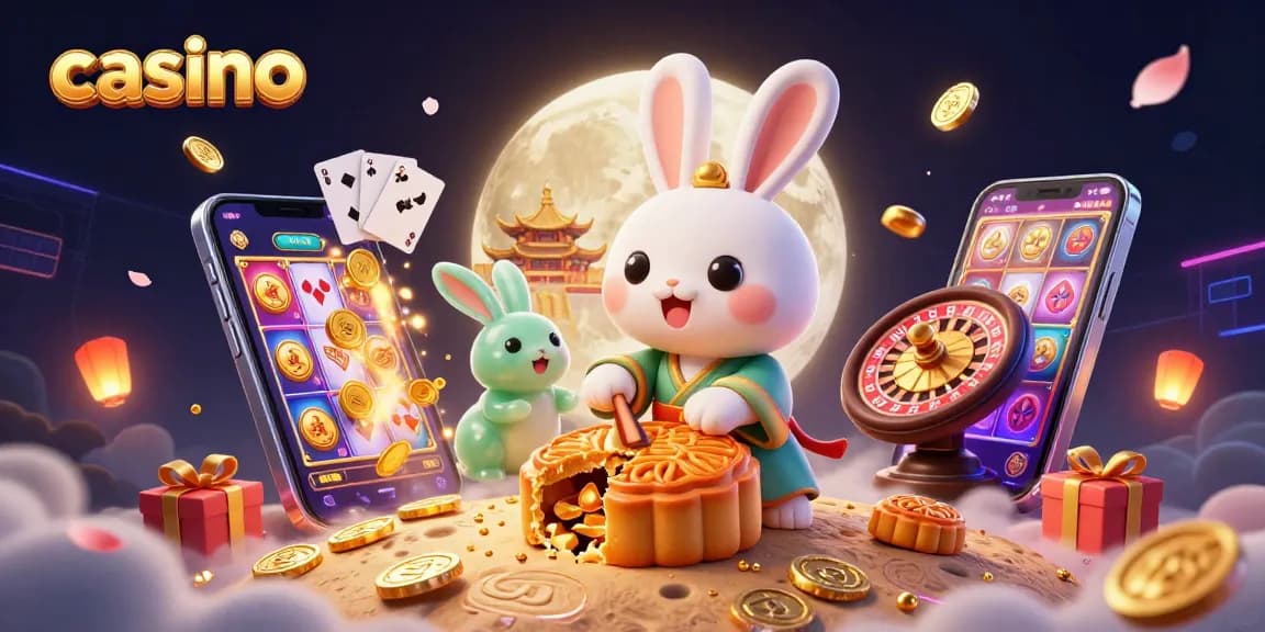 Experience the thrill of casino games with a vibrant 3D illustration featuring the moon rabbit and poker chips.