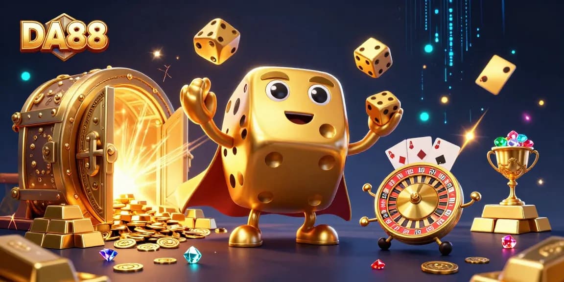 Engage with DA88's vibrant casino scene featuring dynamic gaming elements and rich treasure details.