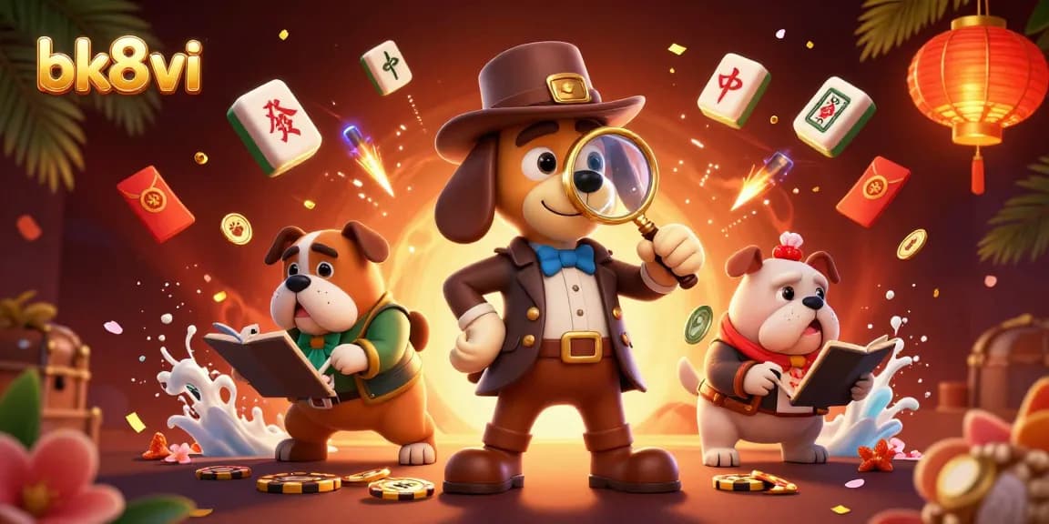 Engage with bk8vi as a detective and bulldog analyze poker chips amidst colorful casino elements.