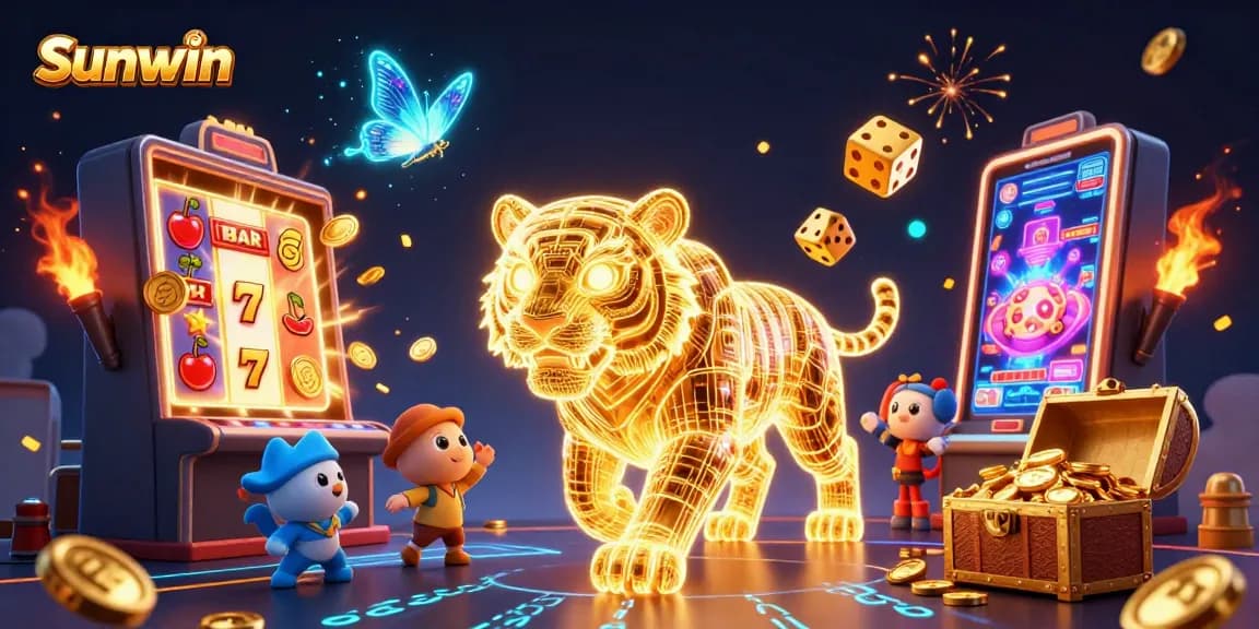 Experience the thrill of gaming at Sunwin with vibrant 3D digital casino elements and lively characters.