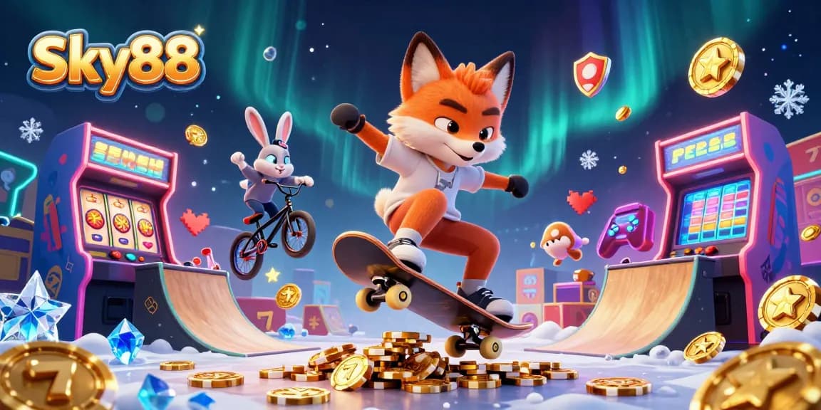 Engage with Sky88's casino thrills featuring vibrant slots and dynamic characters in action.