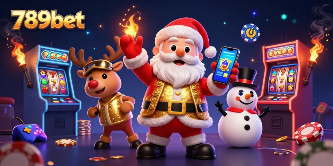 Experience the thrill of 789bet with Santa and friends in a colorful jackpot casino scene.