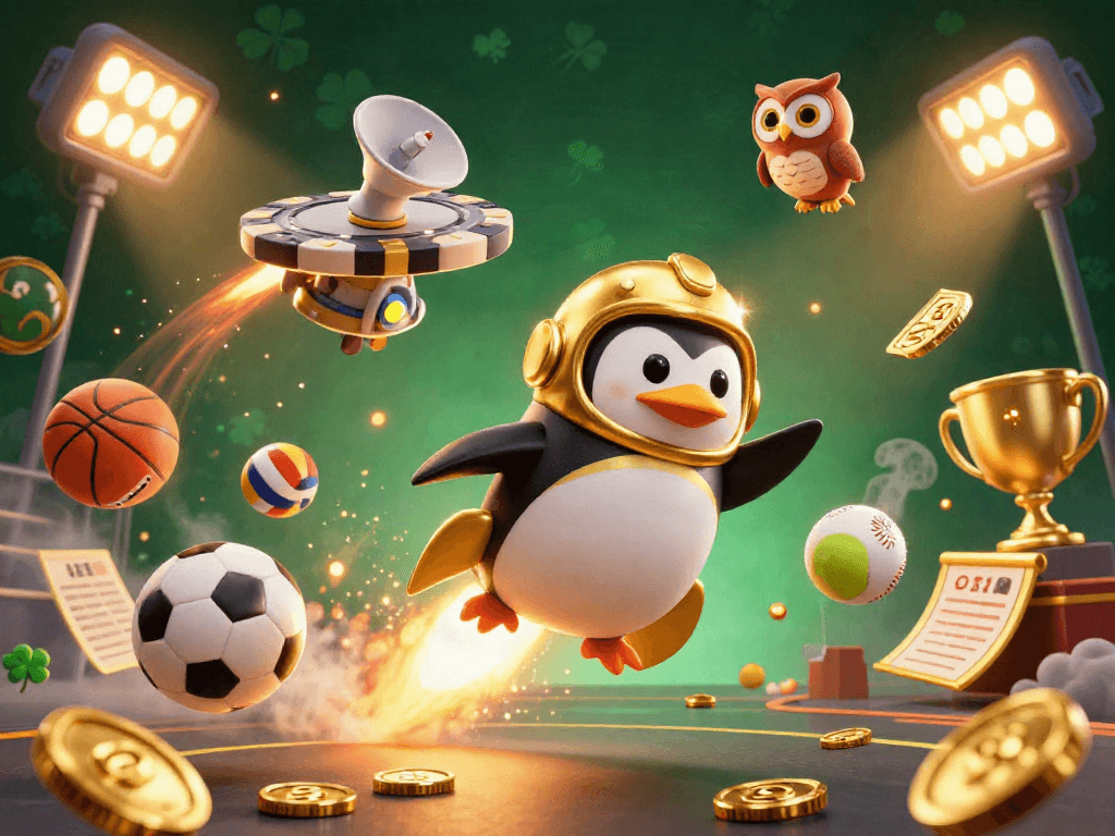 Experience the excitement of QS88 with the golden penguin soaring towards a casino station amidst vibrant sports elements!