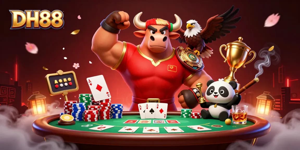 Engage in thrilling casino action with DH88 at the vibrant poker scene featuring a bull mascot, eagle, and panda.