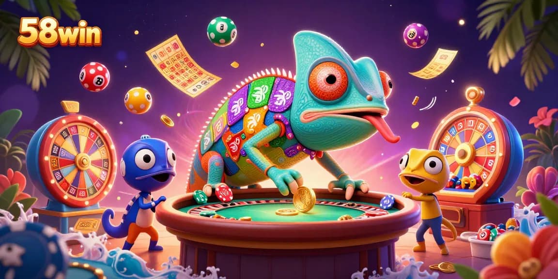 Engaging 58win scene showcasing a cartoon chameleon casino owner amidst vibrant gambling elements.