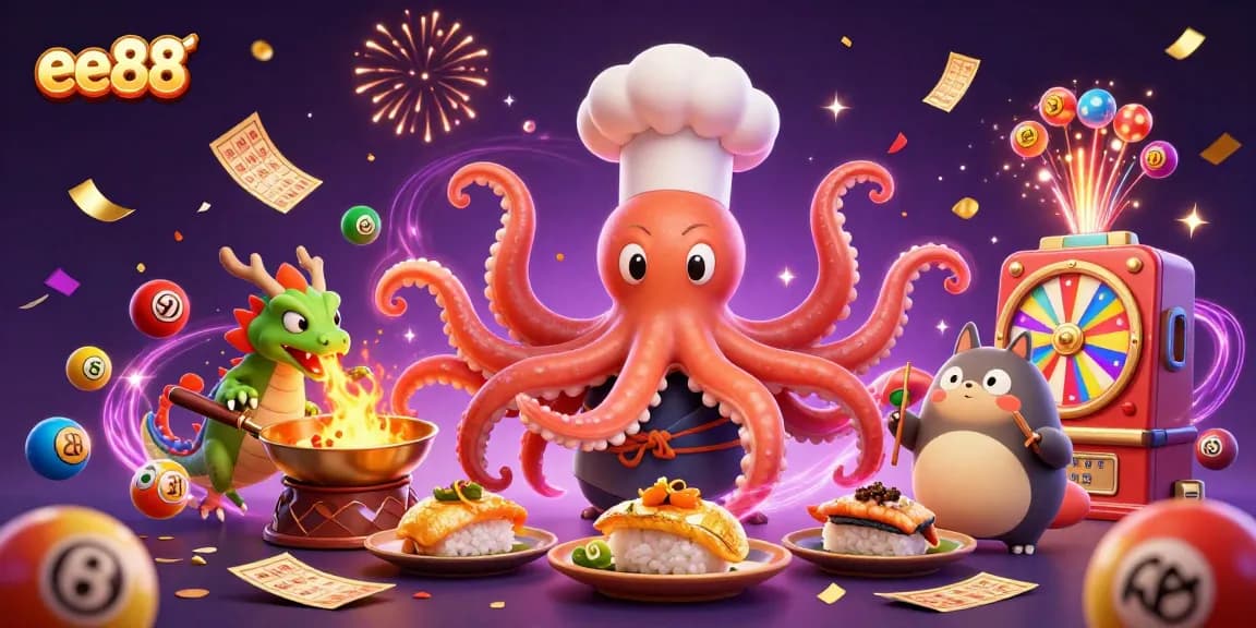 ee88 brings excitement as octopus chef and friends prepare lottery fun with golden dishes and colorful balls.