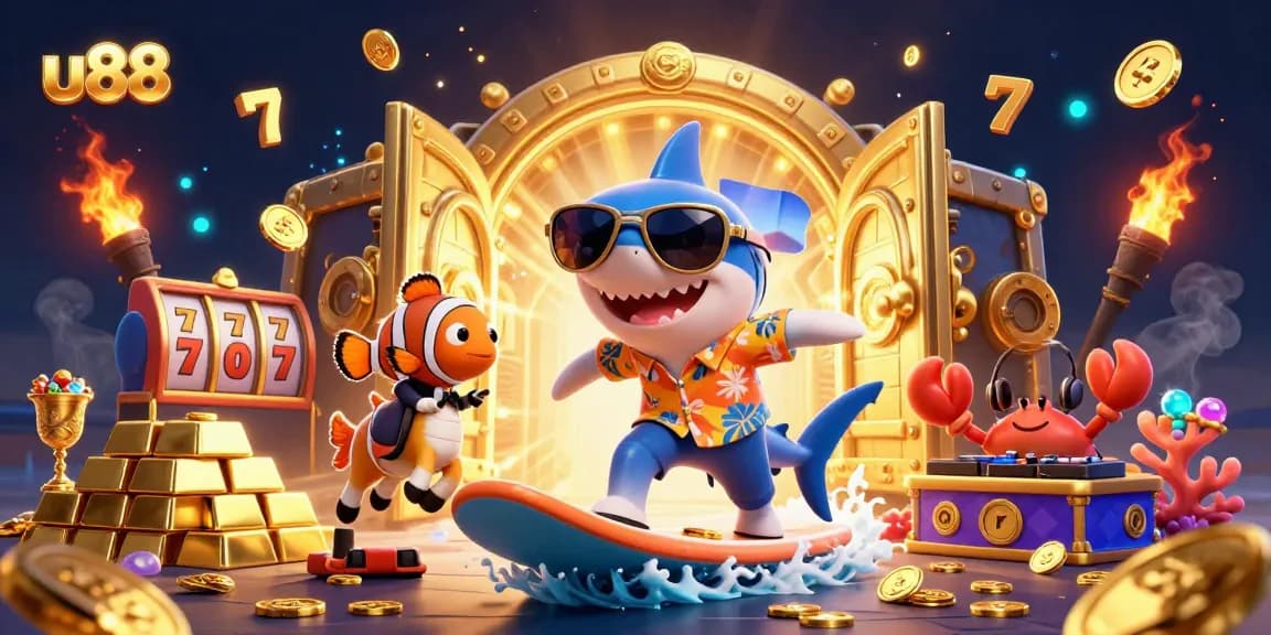 Experience the thrill of u88 casino gaming with a vibrant shark character surfing gold coins.
