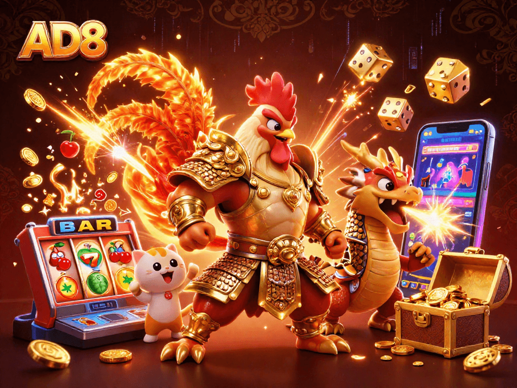 AD8 slot machine jackpot illustration with a fighting rooster and dragon, celebrating winnings.