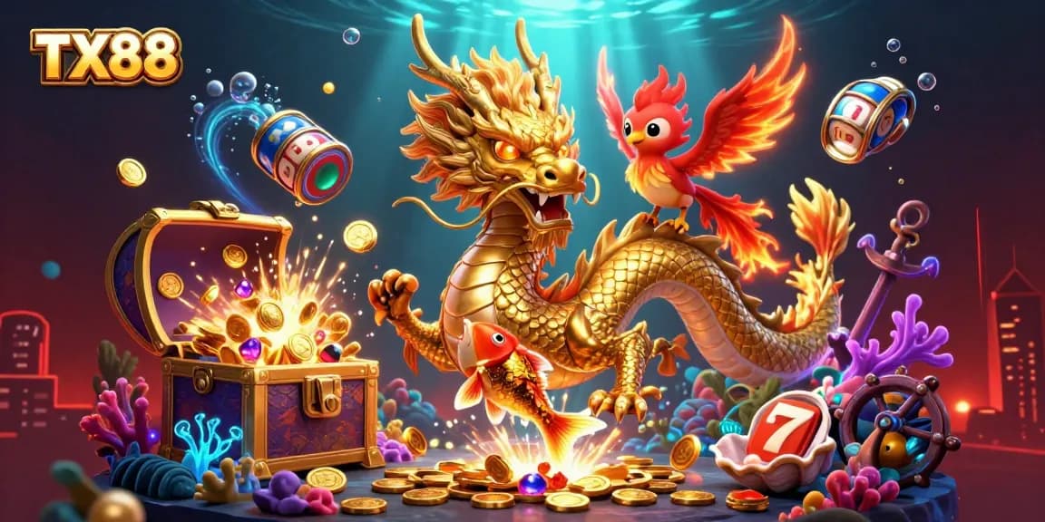 Experience the thrill of TX88 with a vibrant casino scene featuring a dragon, phoenix, and koi fish.