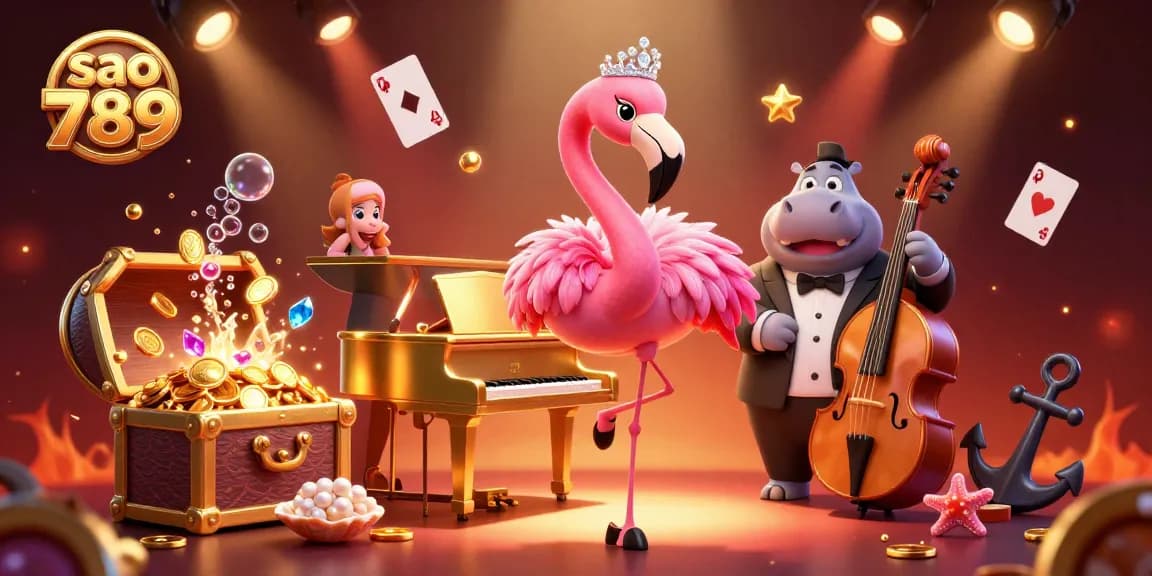 Experience entertainment with sao 789 as flamingo singer and hippo bassist create a vibrant casino scene.