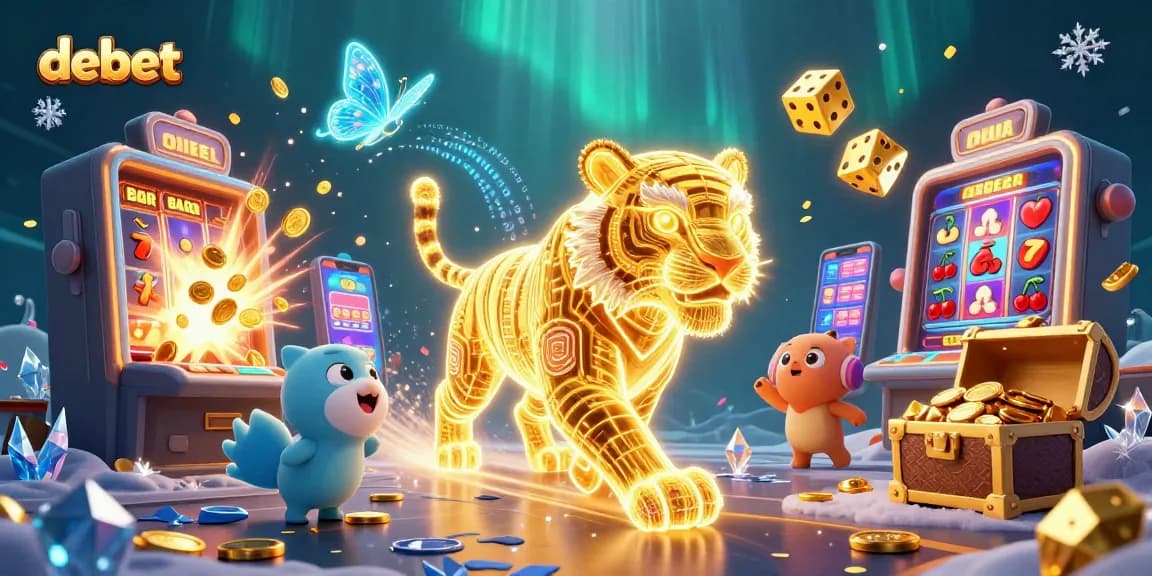 Experience the thrill of debet casino with a dazzling tiger amidst slot games and jackpots.
