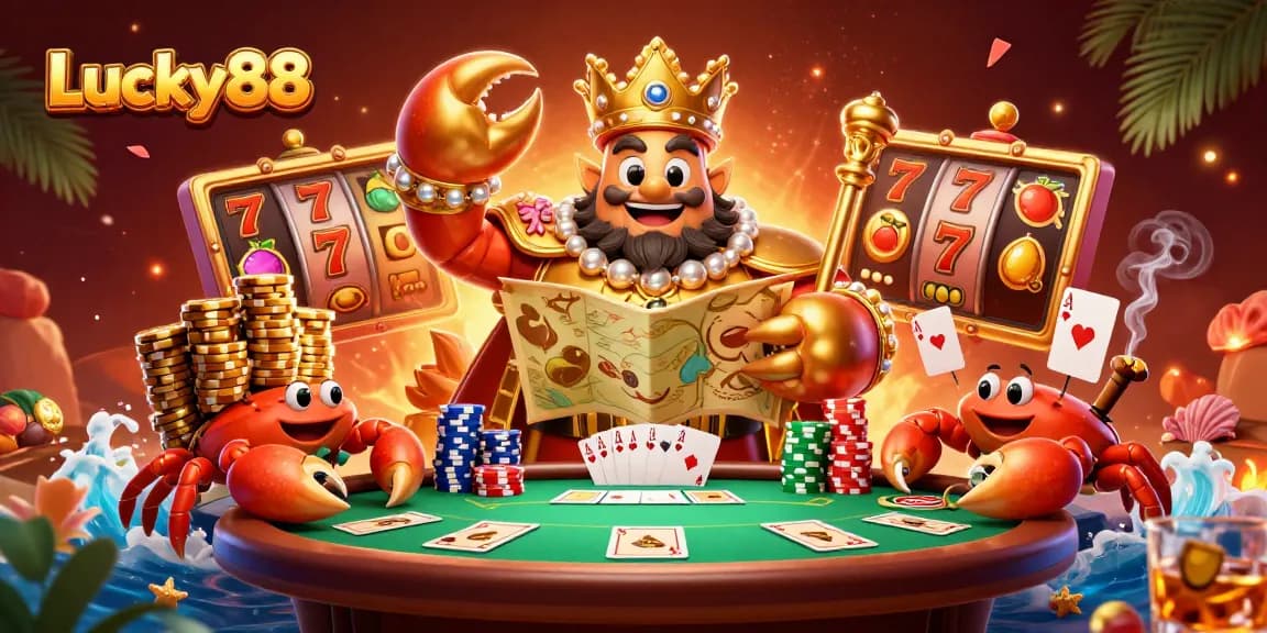 Experience exciting gameplay with Lucky88 slot machine featuring gold crab emperor and vibrant casino elements.