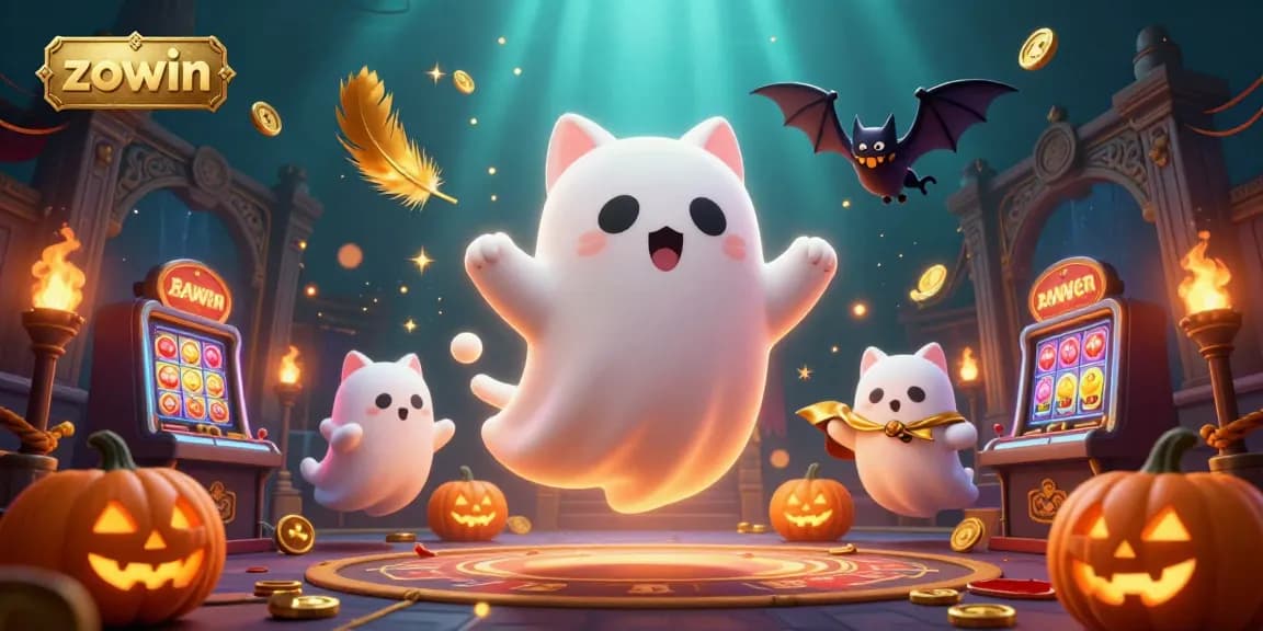 Zowin casino adventure featuring a ghost cat and vampire bat in a haunted mansion filled with slot machines.