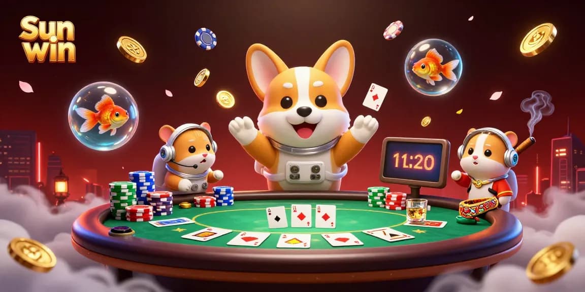 Engage with Sun win's exciting casino atmosphere featuring floating poker chips and vibrant game elements.