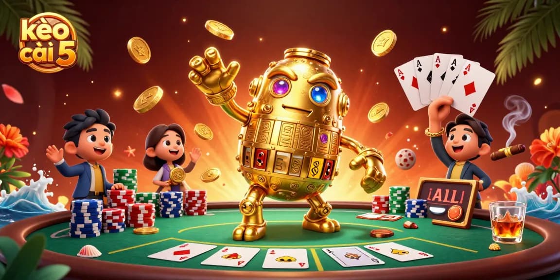 Engage with kèo nhà cái 5, showcasing an ancient golden golem amidst exciting poker elements.
