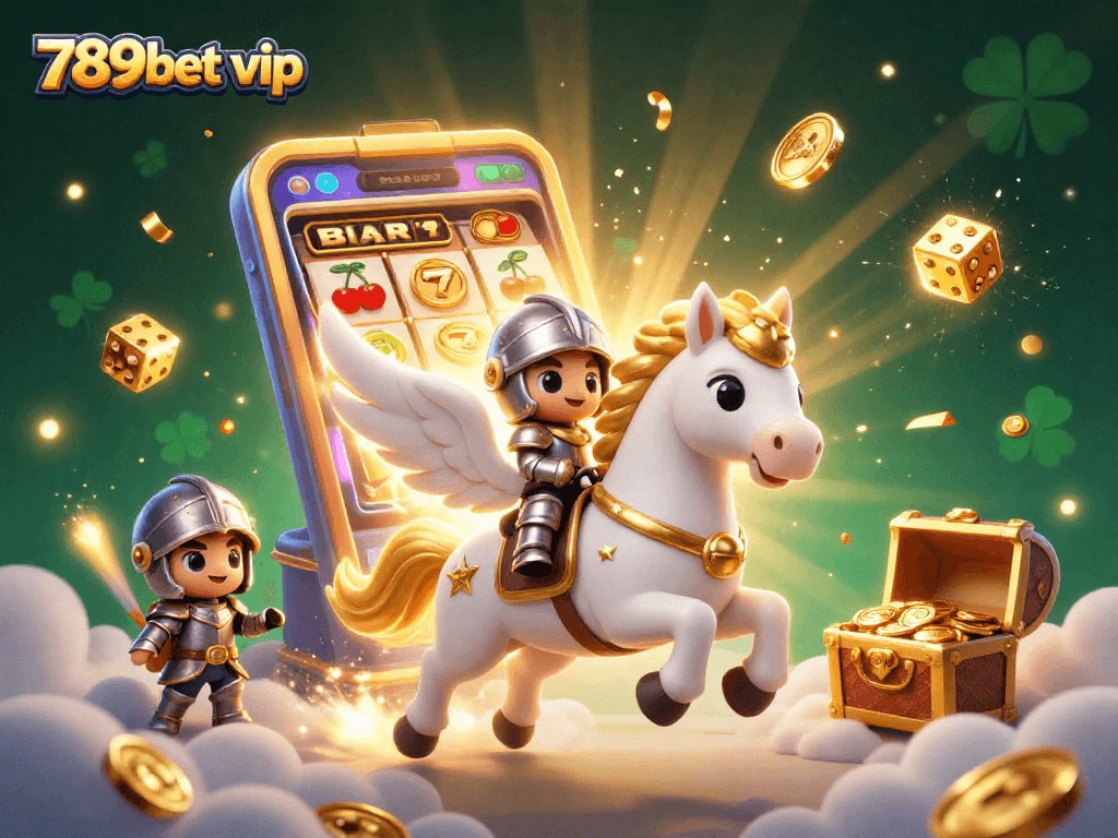 Experience 789bet vip with a celestial knight amid vibrant casino elements and dazzling jackpots.