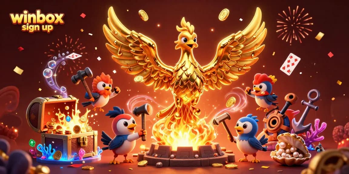 Experience winbox sign up with an explosive 3D illustration featuring a golden phoenix amidst festive casino elements.