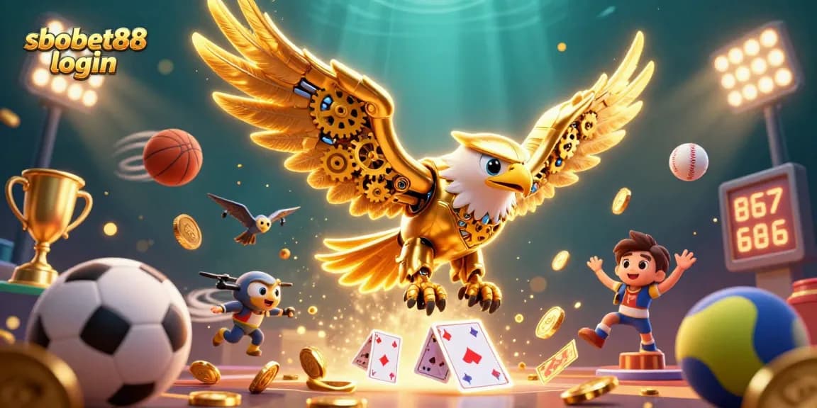 Experience sbobet88 login with this dynamic sports betting illustration featuring golden eagle and vibrant elements.