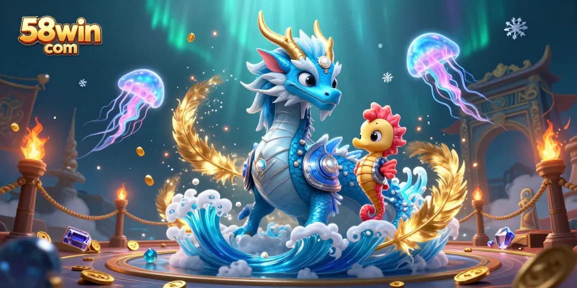 Engage with the vibrant underwater scene of 58win com, showcasing a dragon and seahorse knight.