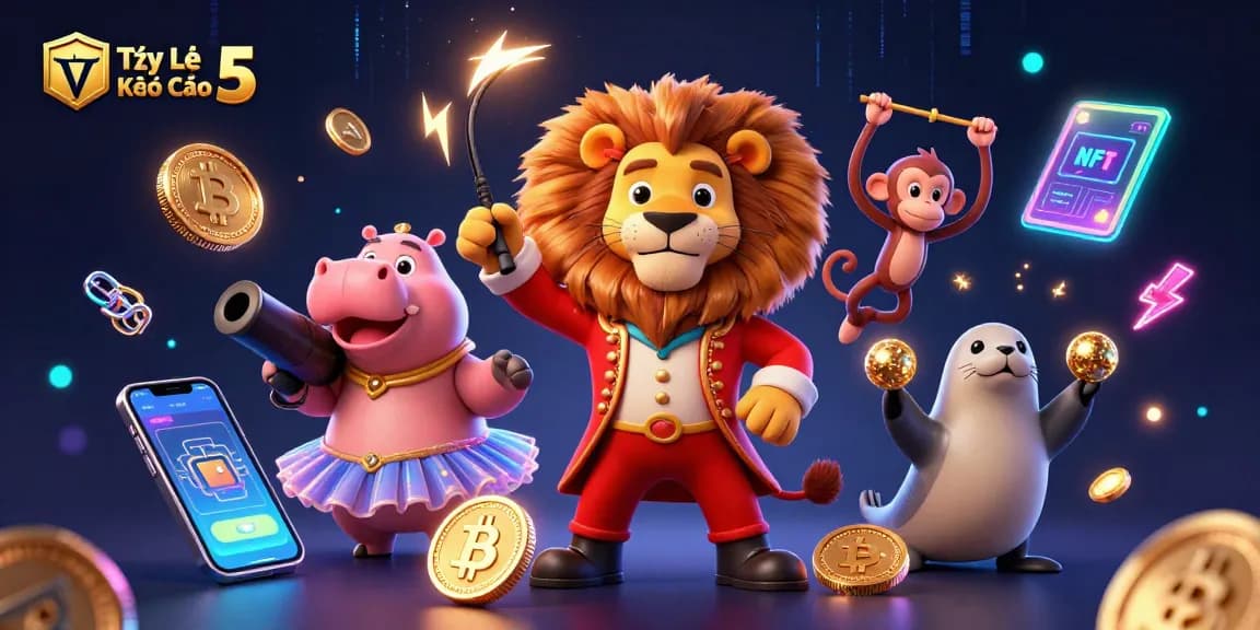 Tỷ Lệ Kèo Nhà Cái 5 showcases a vibrant circus-themed scene illustrating sports betting excitement with 3D characters.
