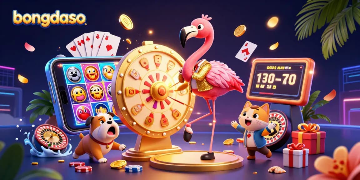 Bongdaso's vibrant casino scene features a flamingo host, excited bulldog, and prizes galore!