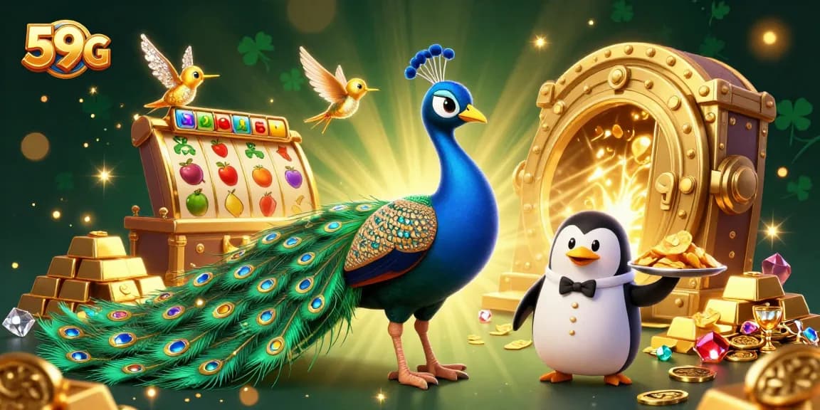 Experience amazing wins at 59G, featuring a vibrant casino scene with dynamic slot elements and charming characters.